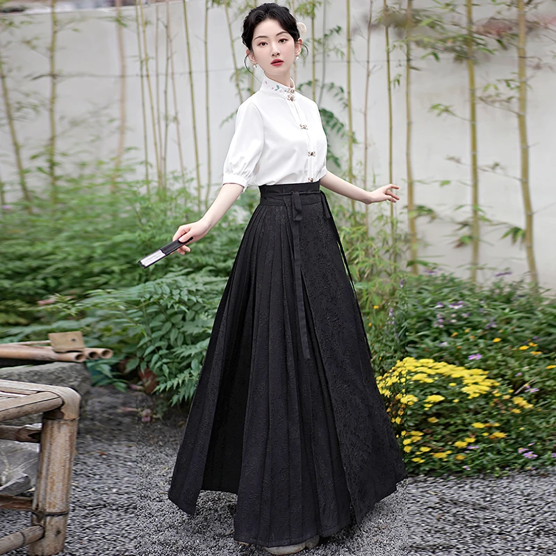 Fashion Hanfu Woman Ming Dynasty Horse Face Skirt Chinese Traditional Hanfu Costume Stand Collar Vintage Pleats Skirt Black