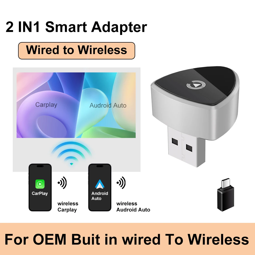 2in1 Wireless CarPlay/Android Auto Adapter Plug and Play for VW Toyota Nissan Ford Benz Wired To Wireless for Factory Wired Cars