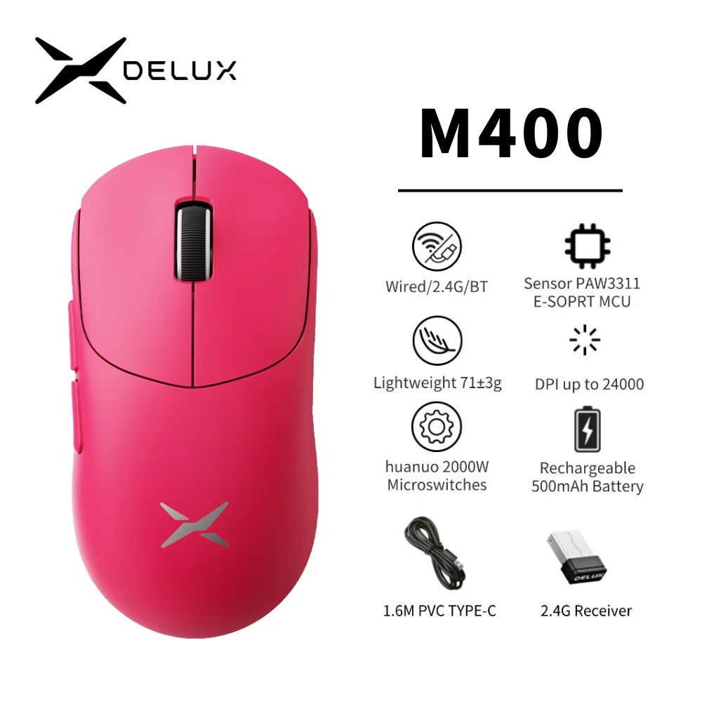 Delux M400 Gaming Mouse,24000DPI,1KHz Polling Rate,PAW3311,Tri-mode 500mAh Rechargable Wireless Mice for All Hands PC Gamer