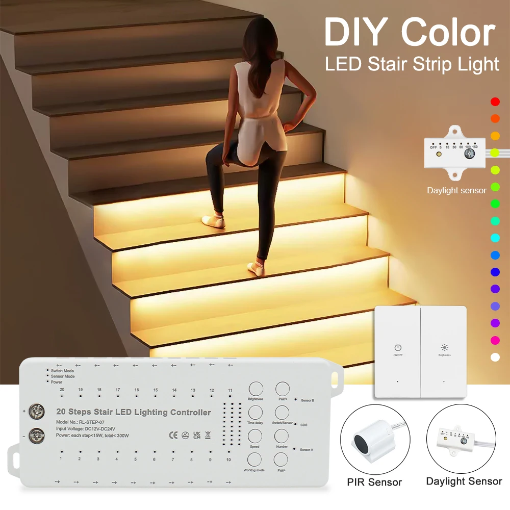 led stair light com sensor de movimento smart night light iluminacao dimmable stair indoor sport pir motion home stair lighting 20 passos 01