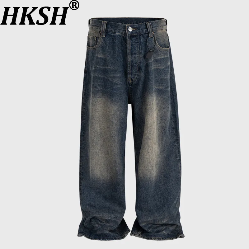 

HKSH Spring Summer Autumn new man Original Design Fashion Washed Distressed Jeans Trendy Rivet Leather Pocket Denim Pants HK7927
