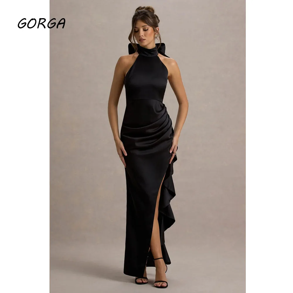 

GORGA черное атласное вечернее платье длиной до пола, платье для выпускного вечера с лямкой на шее и бантом, 2025 г., вечернее платье русалки с открытой спиной и разрезом по бокам