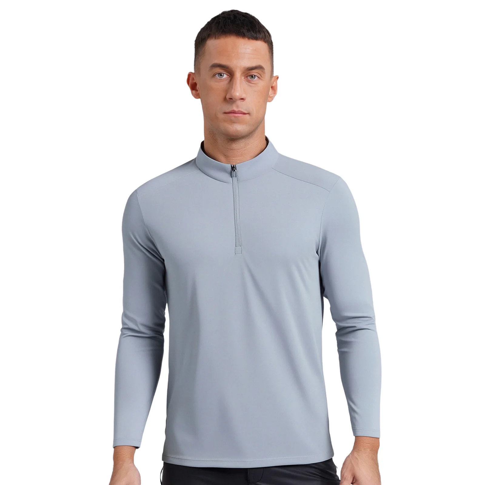 Adults Men Quick-Drying Golf Tops Zip-Up Stand Collar Long Sleeves Pullover T-shirt Casual Style Top for Golfing Tennis Sports