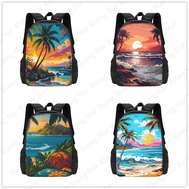 Large capacity printed schoolbag boys girls backpack teenagers students leisure travel commuter backpack Beach shell palm tree