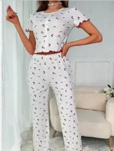 

Женское нижнее белье с вишневым узором ort Sve, комплект длинных брюк, домашняя одежда на пуговицах спереди, удобные летние пижамы из полиэстера