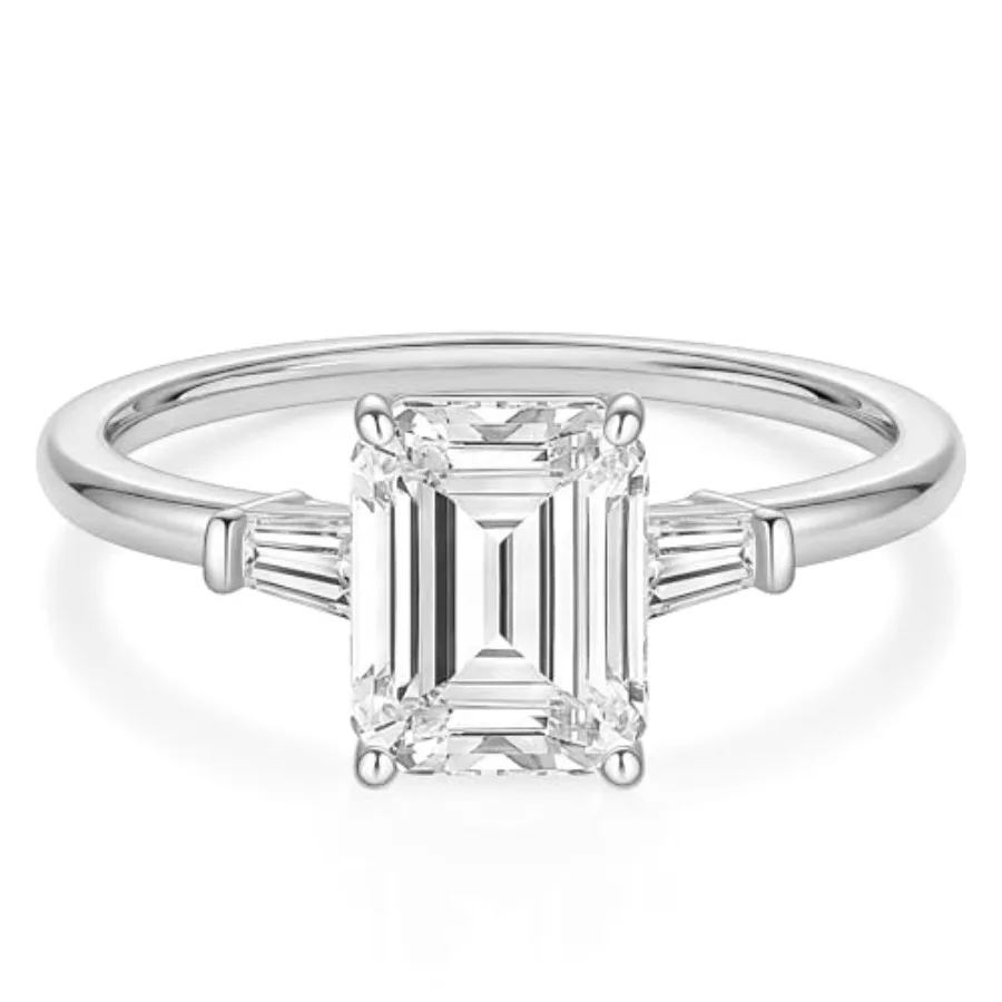 3CT 925 Sterling Silver Engagement Rings 3-Stone Emerald Cut Cubic Zirconia CZ Wedding Promise Rings for Her Wedding Bands for