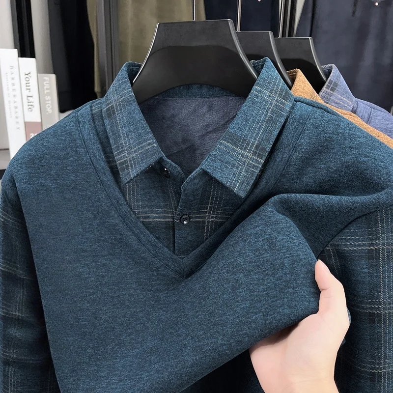 Prendas de punto con forro polar de dos piezas falsas con solapa de marca de diseñador para hombre, ropa de oficina informal de negocios a la moda a cuadros, novedad de otoño