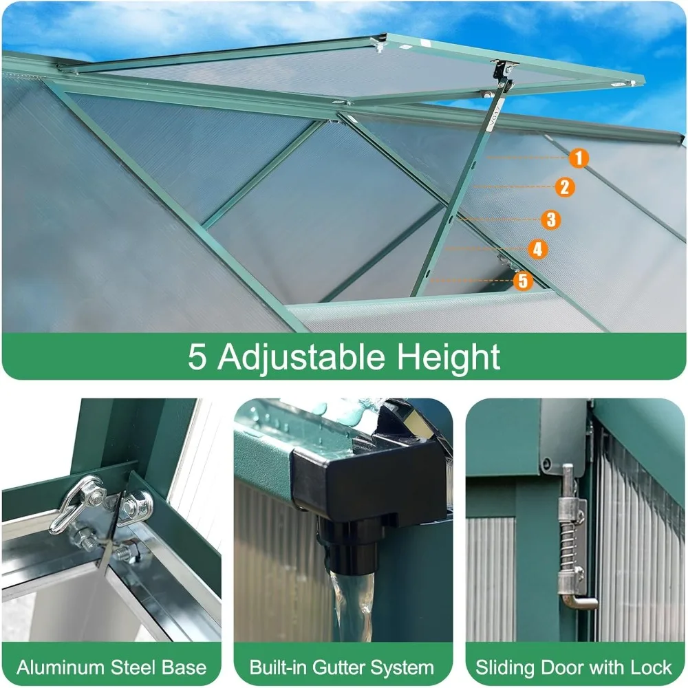 دفيئة متينة من البولي كربونات، 10 × 6 أقدام، خارجية شديدة التحمل مع تهوية مزدوجة، باب قابل للقفل، وألواح جدارية مزدوجة #3