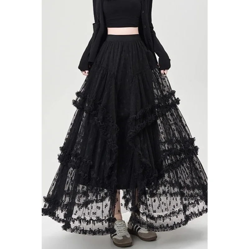 Autumn and Winter Style Irregular Lace Skirt Spliced   with Mesh New Sweet Fluffy Princess Cake Long Skirt