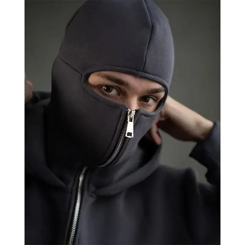 Balaclava Fashion Personality Hoodie Men Soild Color Double Layer Hooded Pullover Sweatshirt Y2k Retro Hip Hop Winter Streetwear