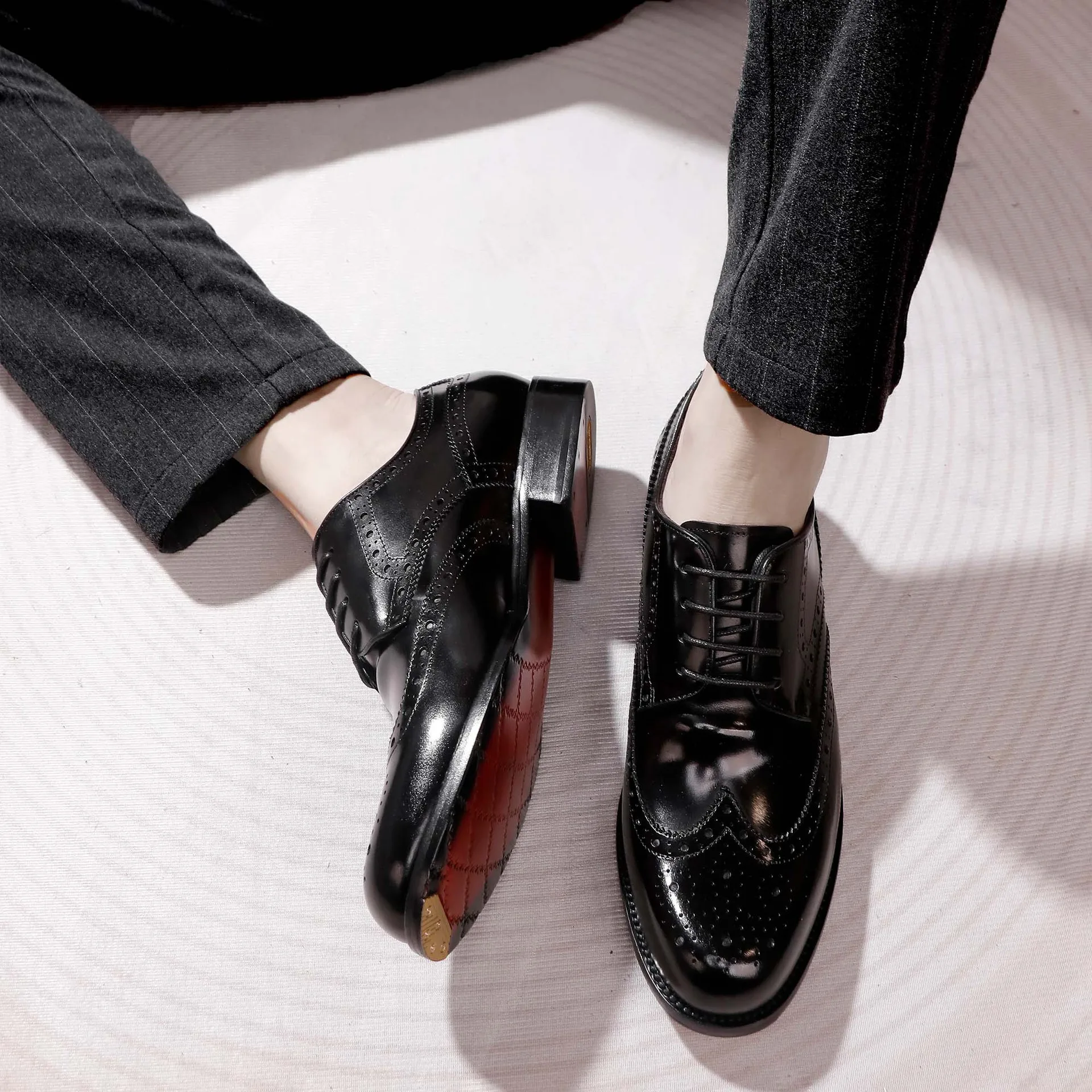 Men's New Shell Cordovan Brogue Dress Shoes | Goodyear Welted Leather Sole Business Oxfords | Fiddleback Waist Formal Footwear