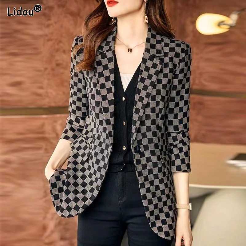 Lady Fashion Casual New Long Sleeved Plaid Loose Fit Blazer Autumn Winter Women's Clothing 2023 Notched Comfortable Blazers