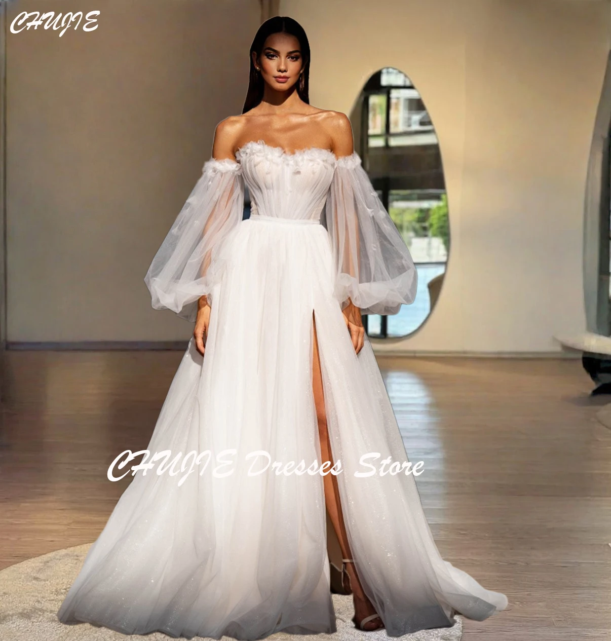 

White Puffy Sleeves Gorgeous Wedding Dress A Line Glitter Vestidos De Fiestad Plus Size Bridal Gowns свадебное платье Customized