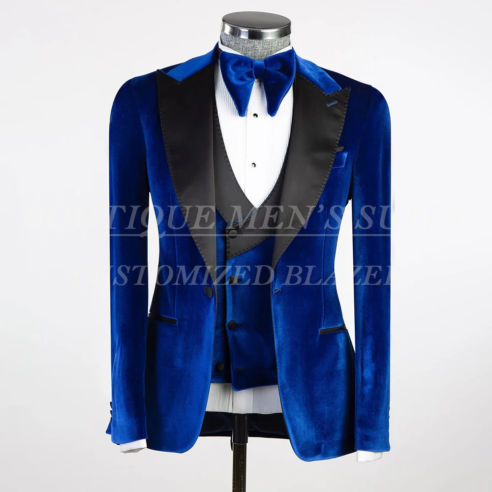 

Bespoke Velvet Men's 3 Piece Suits Formal One-Button Peak Lapel Slim Fit Jacket Pants Vest Elegant Wedding Full Sets Blazer Sets