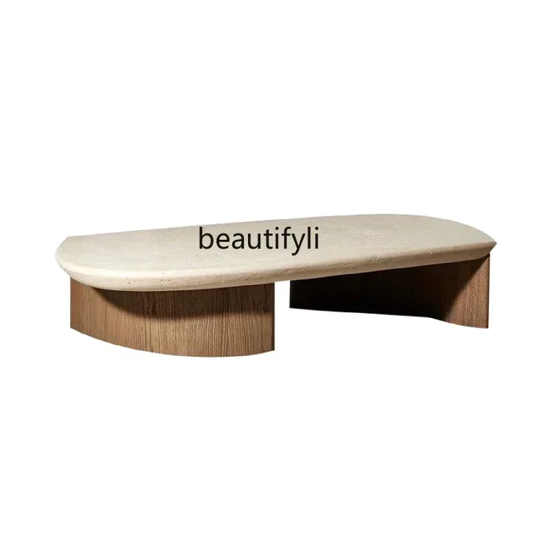 V Modern minimalist travertine coffee table household light luxury designer living room high-end solid wood coffee table