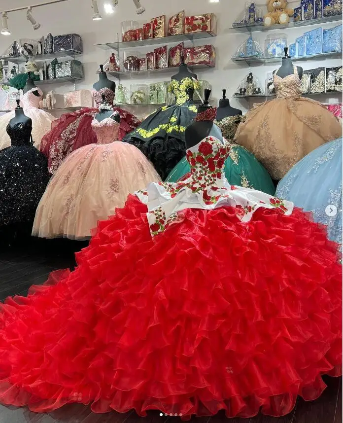 Vestidos de Quinceañera de princesa mexicana, corsé con volantes, bordado Floral, rojo y blanco, ropa de Graduación