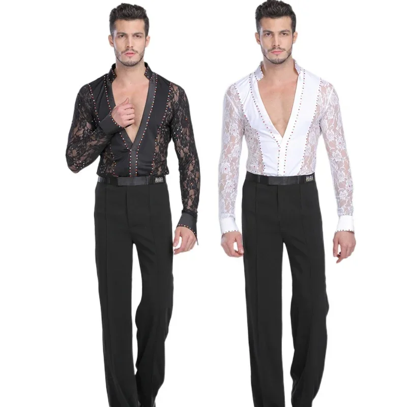 Camisa de encaje de baile latino para hombre, ropa blanca y negra, baile de salón, Vals, rendimiento, Top de ropa