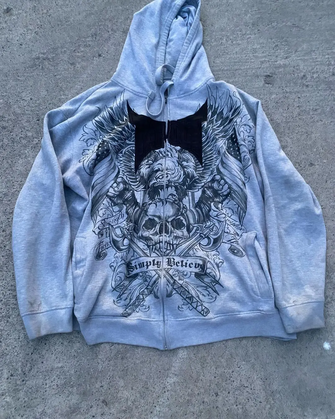 

Y2K Vintage Fashion Skull Print Grey Zip Up Hoodie Autumn Winter New Hip Hop Long Sleeve Coats Loose Hoodeds Sweatshirt Womens