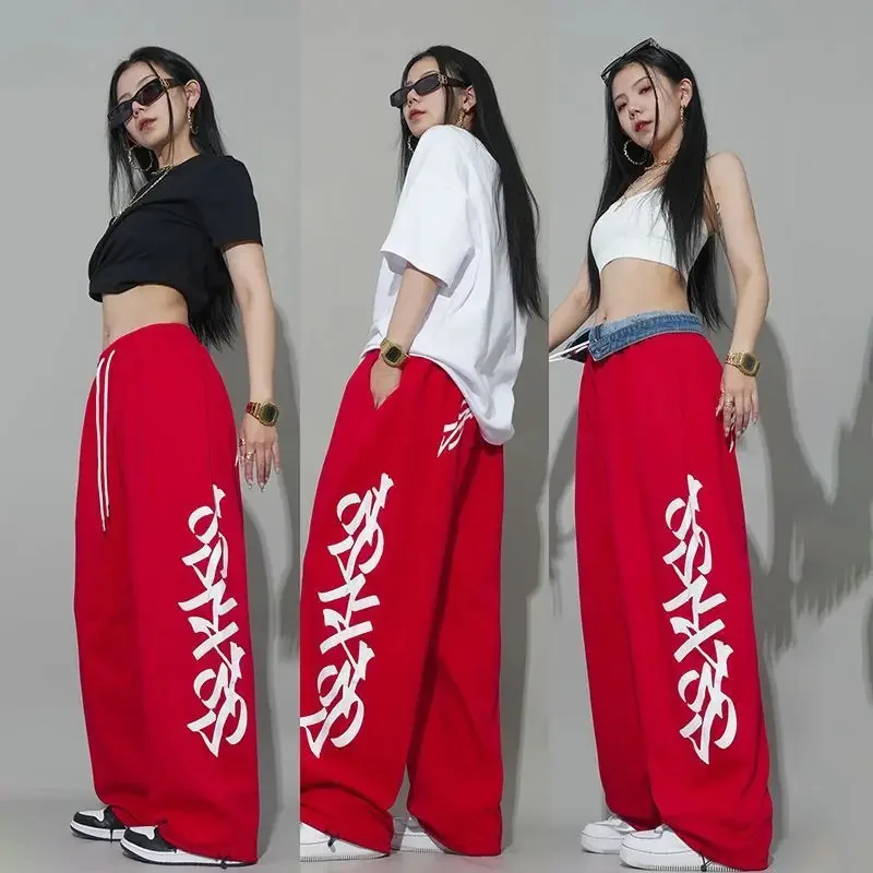 American Street Alphabet Red Loose Straight Drawstring Mopping Casual Pants Jazz Dance Hiphop Hip Hop Sports Pants Women\'s Pants