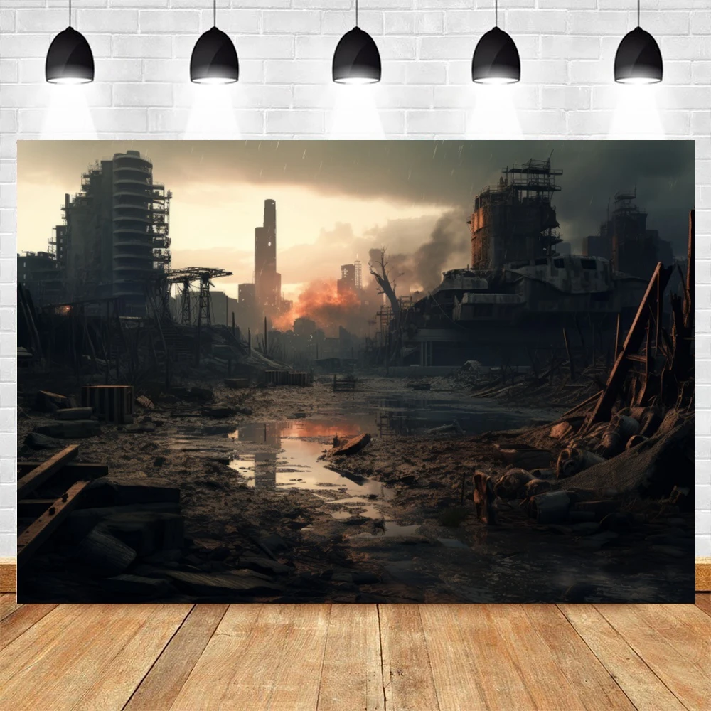 Destroyed City Backdrop The End World Collapsed Buildings City Ruins Disaster Scene Theme Photography Background