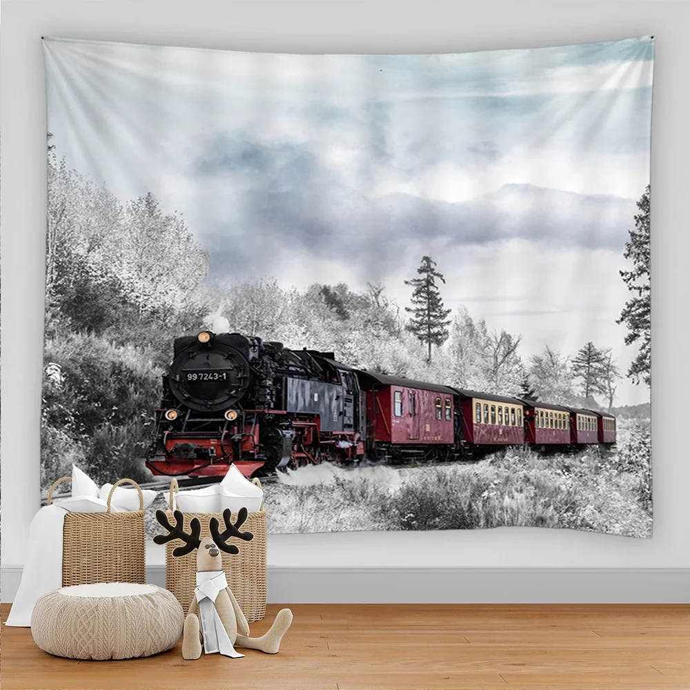 Nature Forest Snow Scene Tapestry Train Pattern Aesthetic Room Decor Carpet Living Room Wall Hanging Home Dorm Bedroom Decor