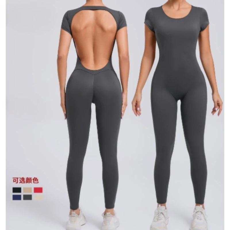 Tuta da yoga monopezzo da donna manica corta aperta sul retro slim fit outfit sportivo collant abbigliamento fitness da palestra per sollevamento dell'anca ad asciugatura rapida