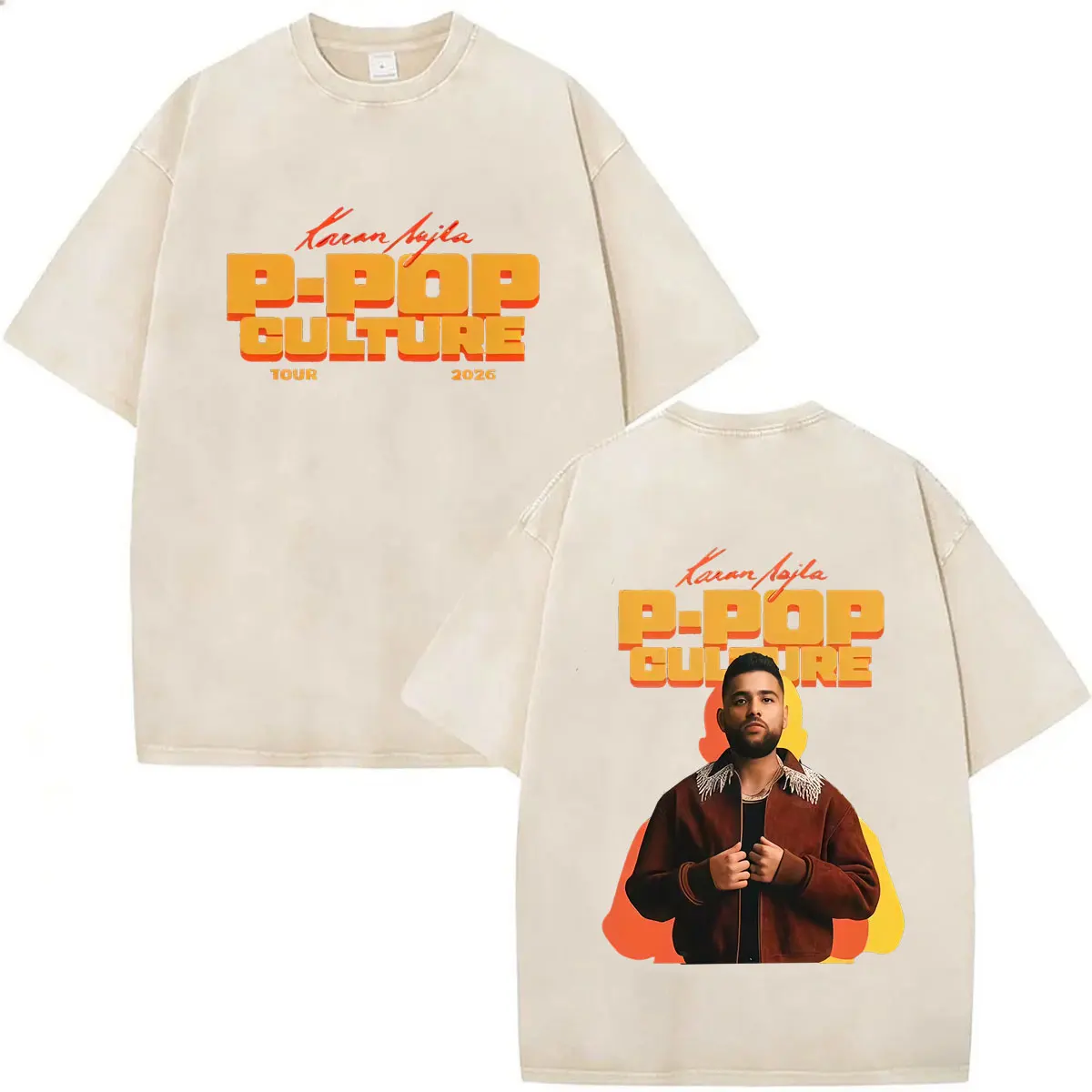 Vintage Washed T-Shirt Rapper Karan Aujla P-Pop Kultur Mode Grafik Gemütliches T-Shirt Herren Lässiges Oversized Kurzarm-T-Shirt – Detail 4