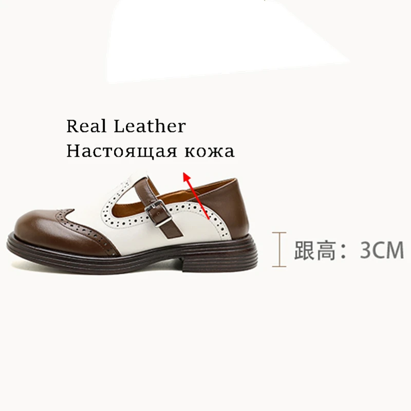 ANOVISHANA Full Top Genuine Leather Women Flat Shoes Oxford Mixed Color Breathable Round Toe 3cm Square Heel Buckle 40 41 42