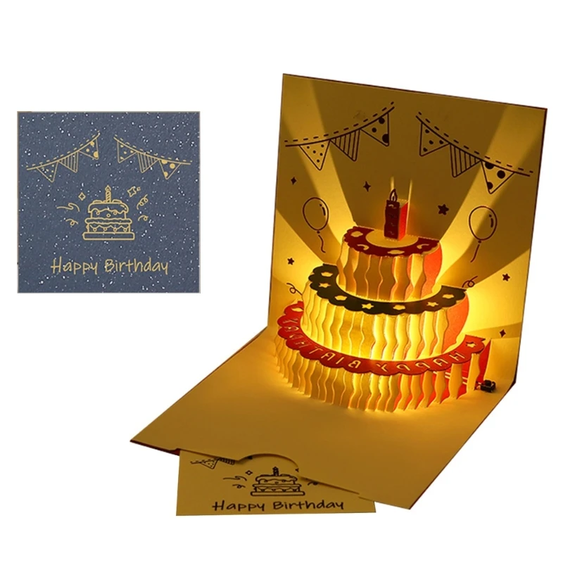 3D Birthday Cake Cards with Music Light Happy Birthday Pop-Up Greeting Postcards Gifts with Envelope Invitations For Kid Girl