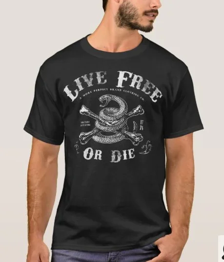 Live Free or Die. Retro Snake Crossbones 2nd Amendment T-Shirt 100% Cotton O-Neck Short Sleeve Summer Casual Mens T-shirt