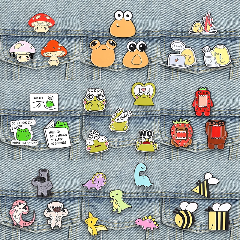 2–5 Stück/Set Kawaii Lovers Emaille-Anstecknadeln, lustige Broschen mit Frosch, Pilz, Dinosaurier, Biene, Meme-Slogan-Abzeichen, Tierschmuck, Geschenk für Freunde