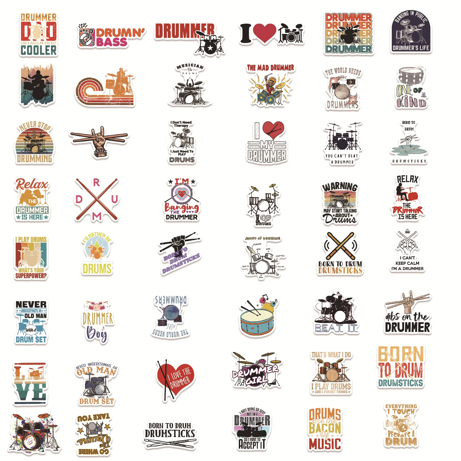 50pcs Cartoon Rock Drum Set Series Graffiti Stickers Suitable for Laptop Helmets Desktop Decoration Stickers DIY Toys