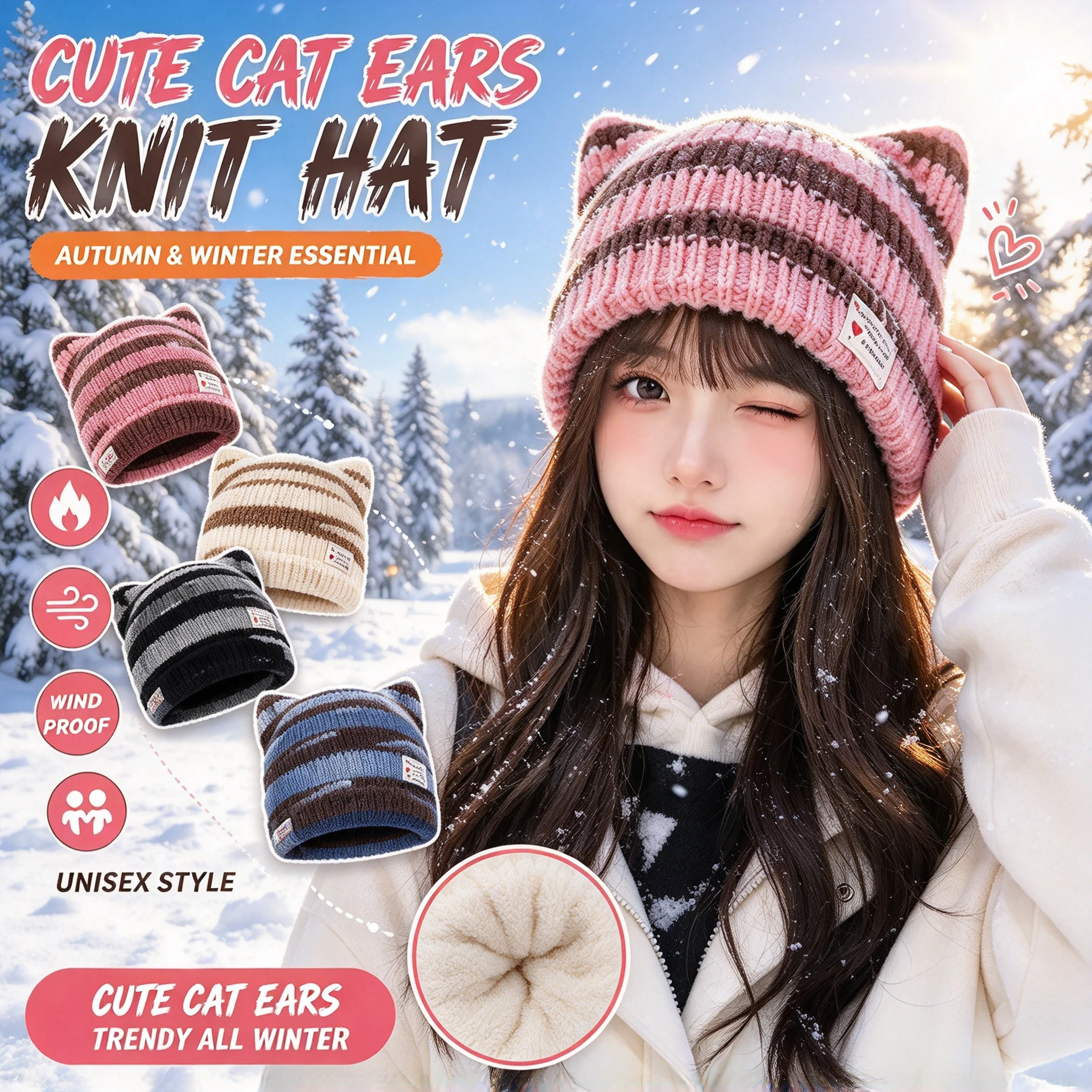 Autumn Winter New Warm Wool Cap Cute Cat Ears Striped Knit Hat Outdoor Thickening Cold Couple Versatile Cap
