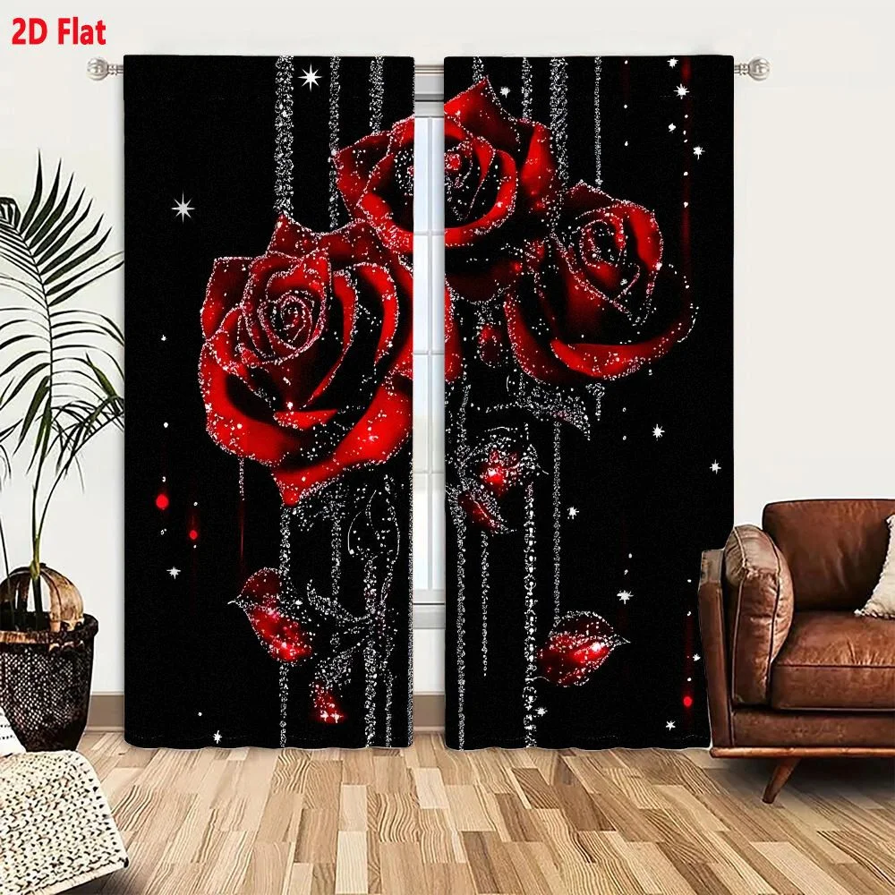 2Pcs Curtains Vibrant Red Roses With Silver Glitter And Stars On Black Background Window Drapes for Bedroom Room Decor Decoratio