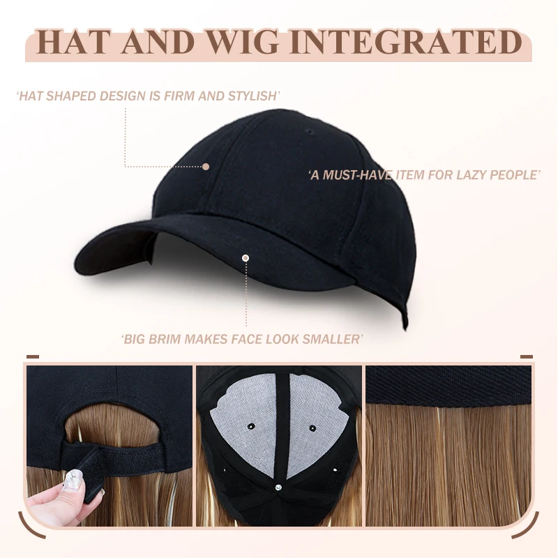 Pelo sintético con gorra de béisbol cabello largo lacio negro extensión elegante y conveniente todo en uno para mujeres 3