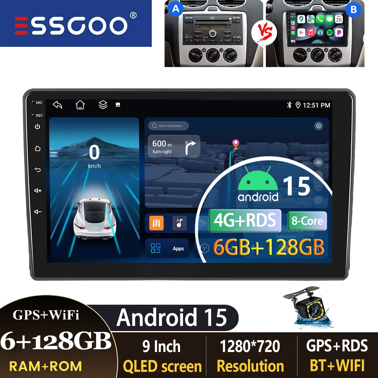 ESSGOO 9 inch autoradio voor Ford Focus MK2 Transit MK7 C-Max S-Max Kuga Galaxy Connect met Carplay, Android Auto, GPS, BT, FM, RDS en SWC
