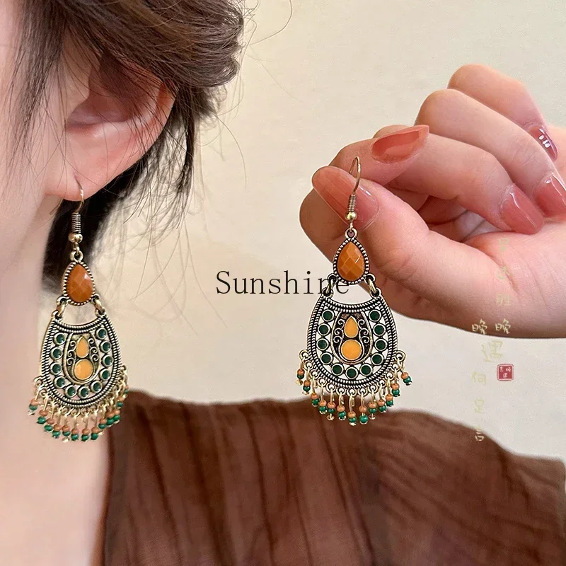 New Chinese retro earrings ethnic style small rice beads fringed pendant earrings