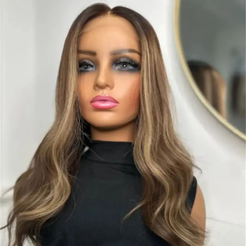 

Natural Wave Women's Wig Ombre Brown Blonde Highlights Synthetic HD Lace Front Wig High Quality Glueless Wig Preplucked Hairline
