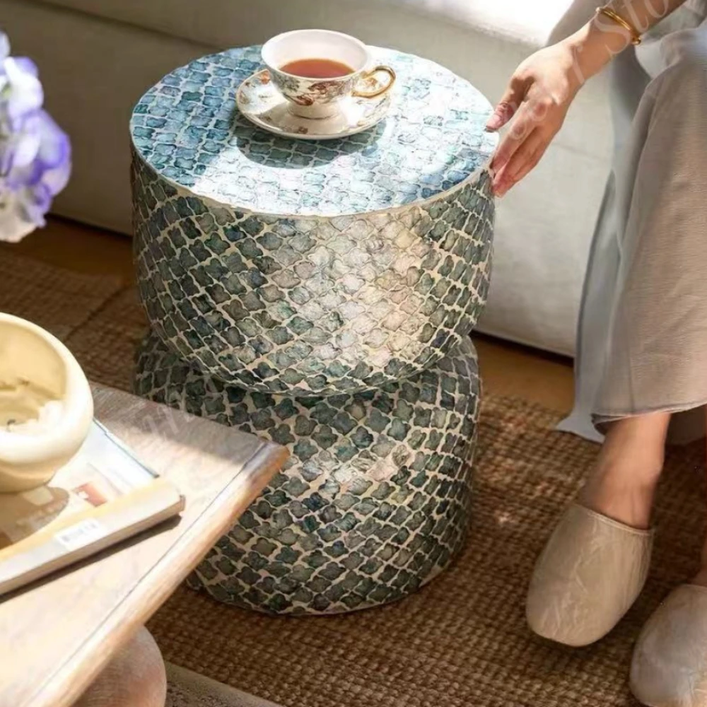 Luxury Shell Inlay Small Side Table Round MOP Coffee Side Table Petal Pink & White Design