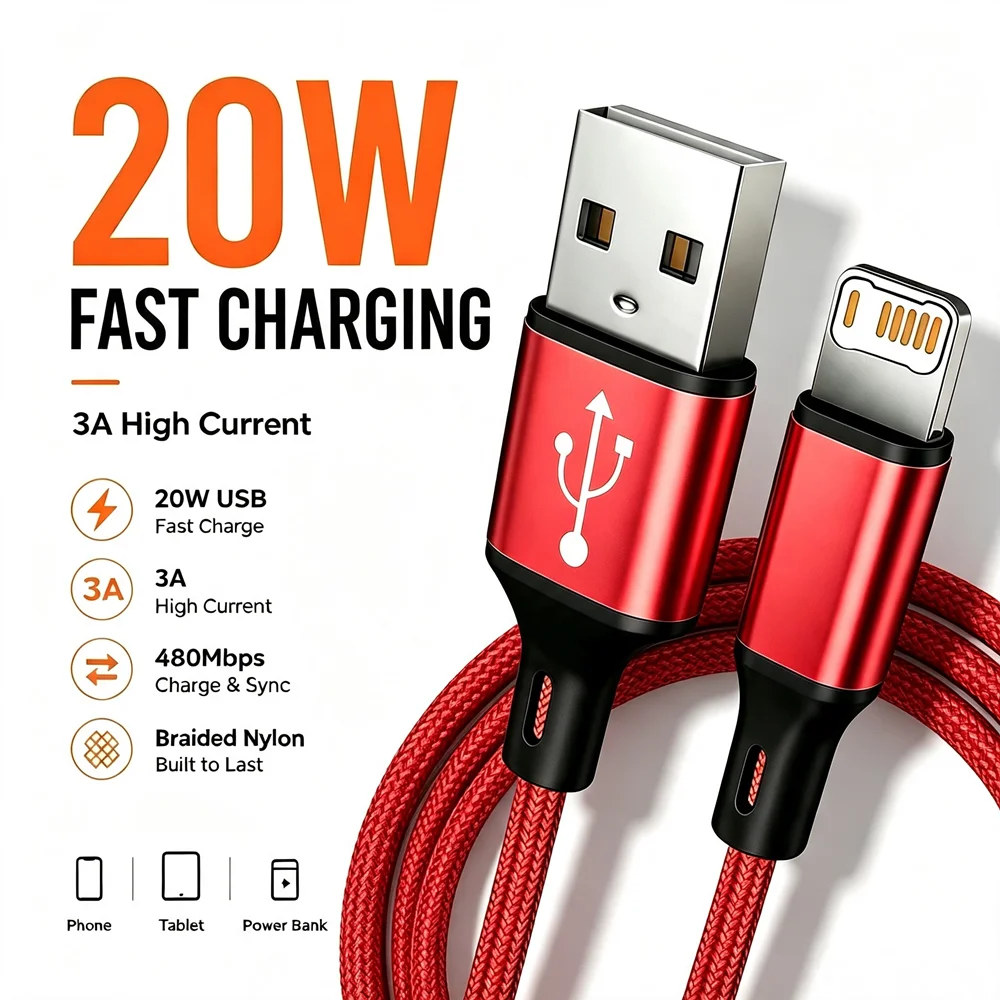 3PCS 20W USB Fast Charging Nylon Braided Cable For iPhone 11 12 13 14 Pro Max X XR XS Max SE Quick Charge USB-A Data Sync Cables