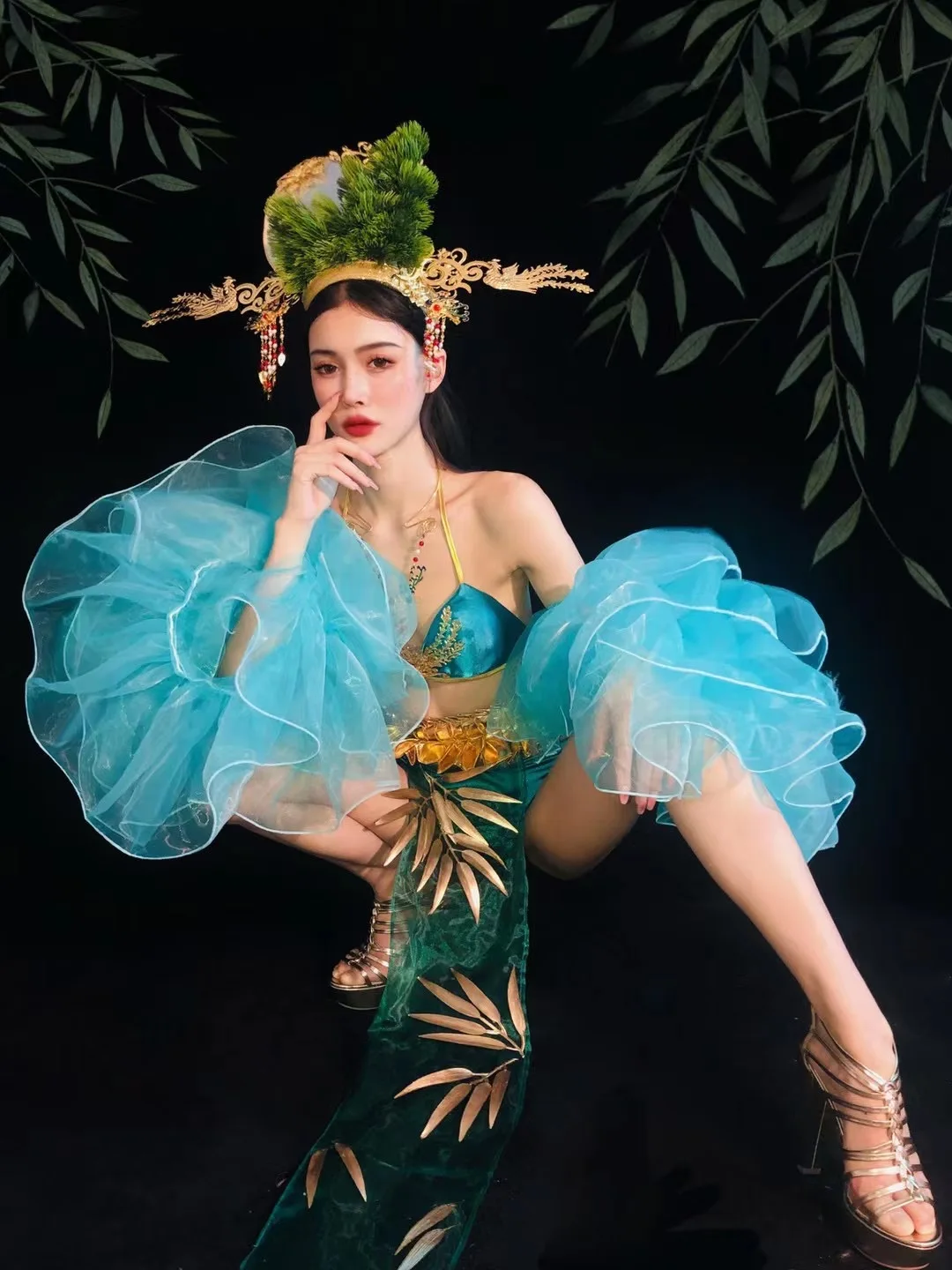 Boate gogo dança traje estilo chinês sexy biquíni pólo roupas de dança malha manga capa cipreste headwear rave outfit