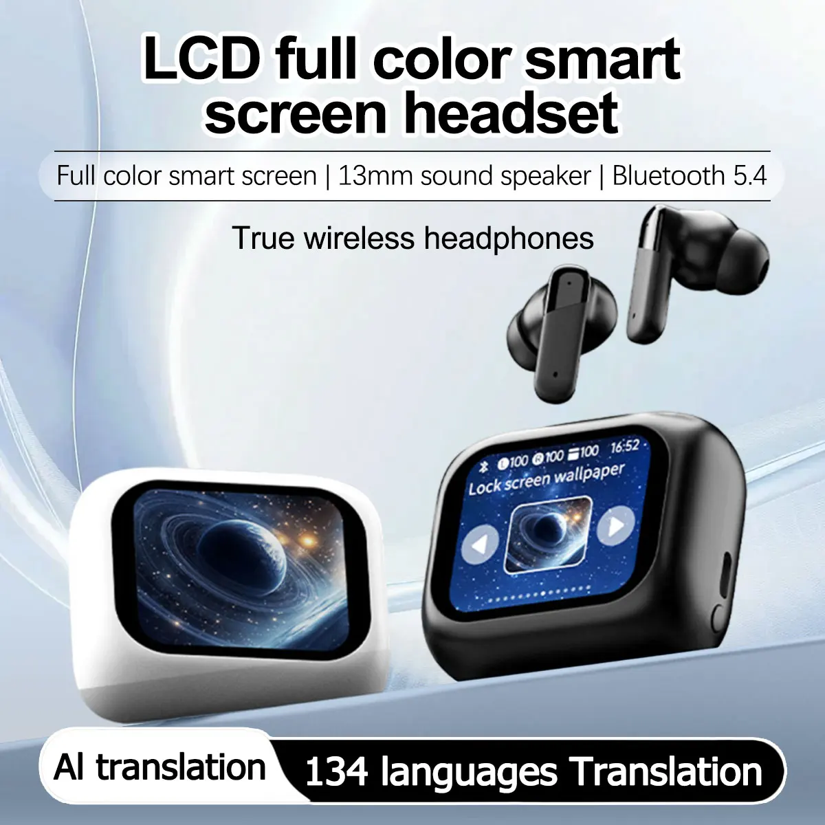 AI Translation Bluetooth Earbuds Supporting 134 Languages HiFi Surround Sound Full-Color Touchscreen LCD Long Battery Life