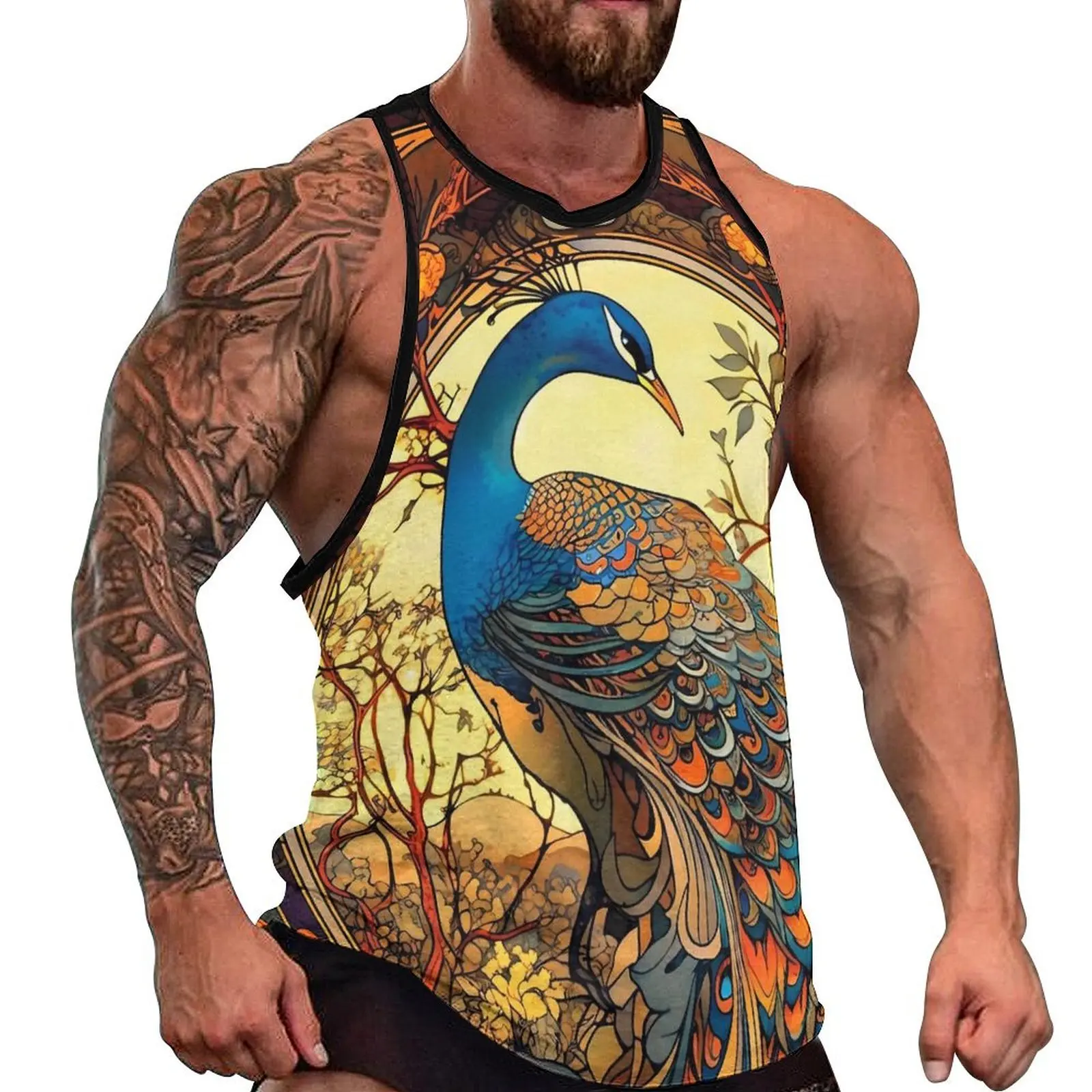 Peacock Tank Top Men Traditional Vintage Art Tops Summer Graphic Gym Cool Oversize Sleeveless Shirts