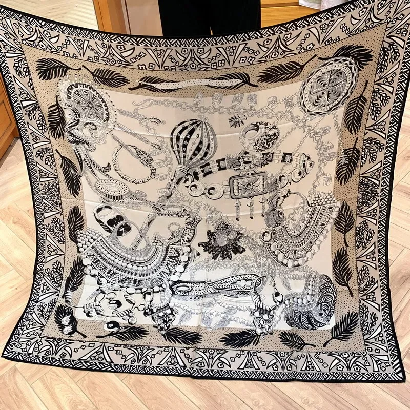 

High-end Elegant Women Exquisite Egyptian Scepter Printed Quality Silk Wool Hand-rolled Edge Versatile Large Square Scarf Shawl