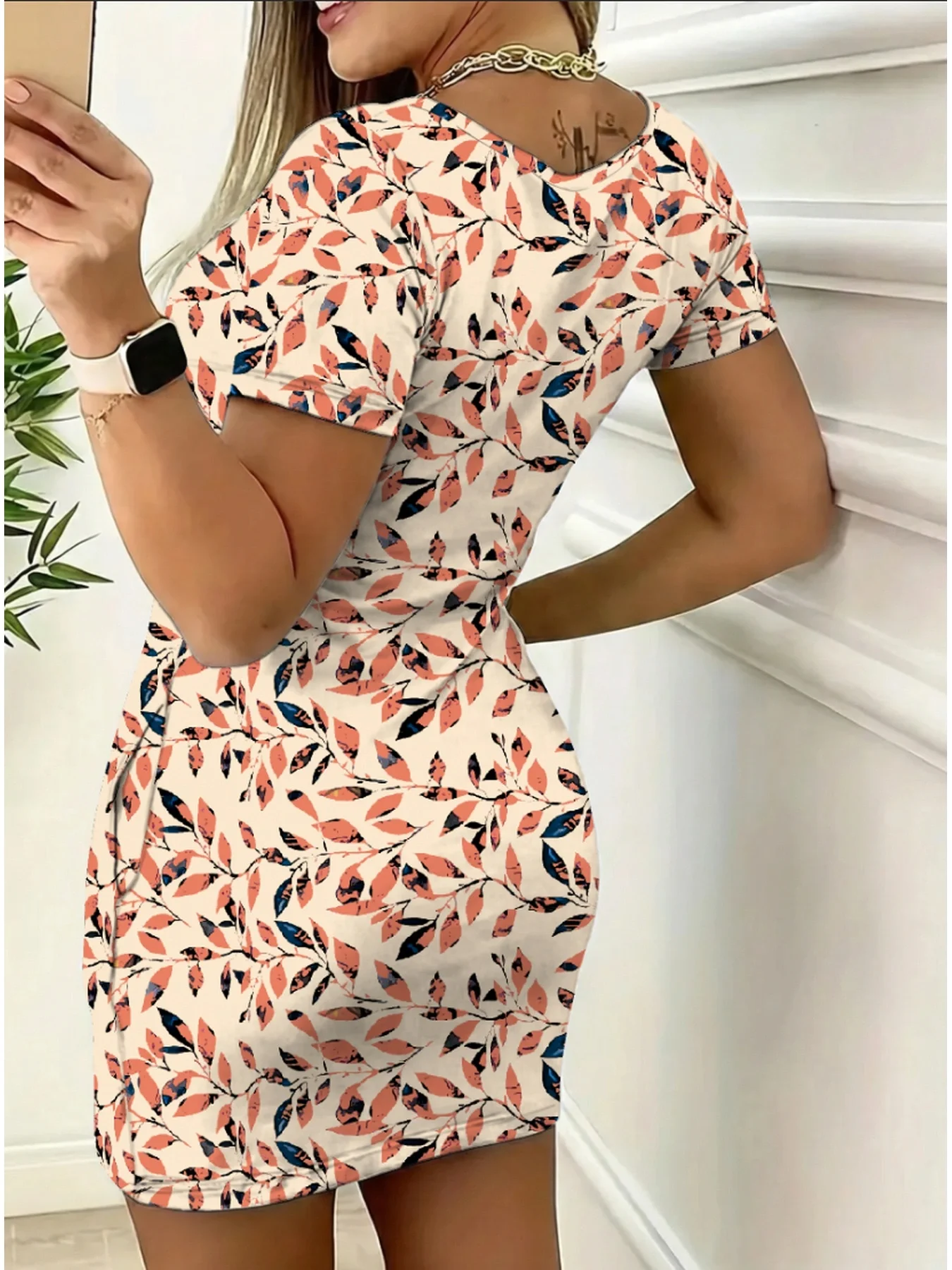 Women's Casual Elegant Comfortable round Neck Short Sleeve Skirt Leaf Geometric Pattern Print Mini Dress