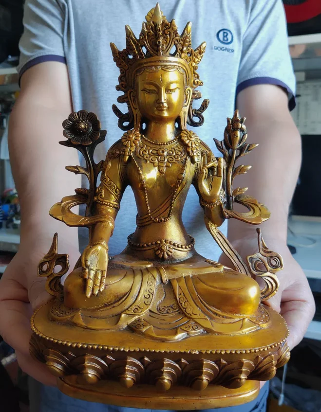 

11" Gilt Bronze Buddha White tara Statue Antique Temple God Bodhisattva Buddhism