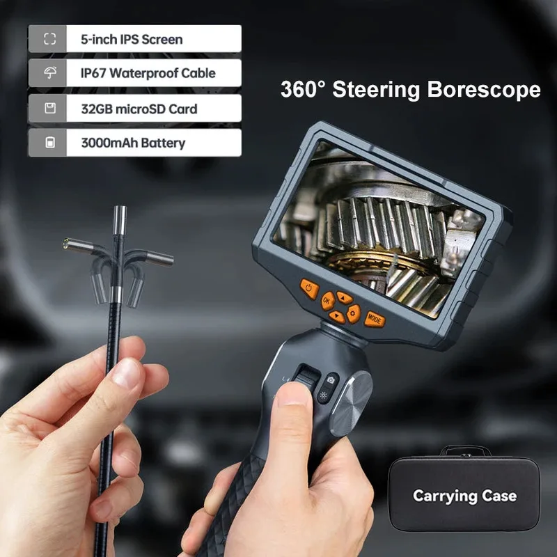 TD500 6.5MM Articulating Borescope 1080P 5 Inch IPS 2-Way 360° Steering Endoscope Video Inspection Camera with WIFI