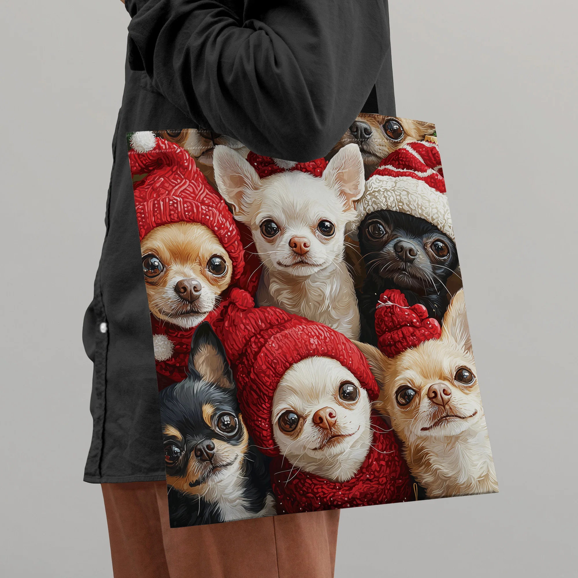 

1pc Chihuahua Print Polyester Tote Bag, Durable Reusable Shopping Shoulder Bag with Cute Animal Design