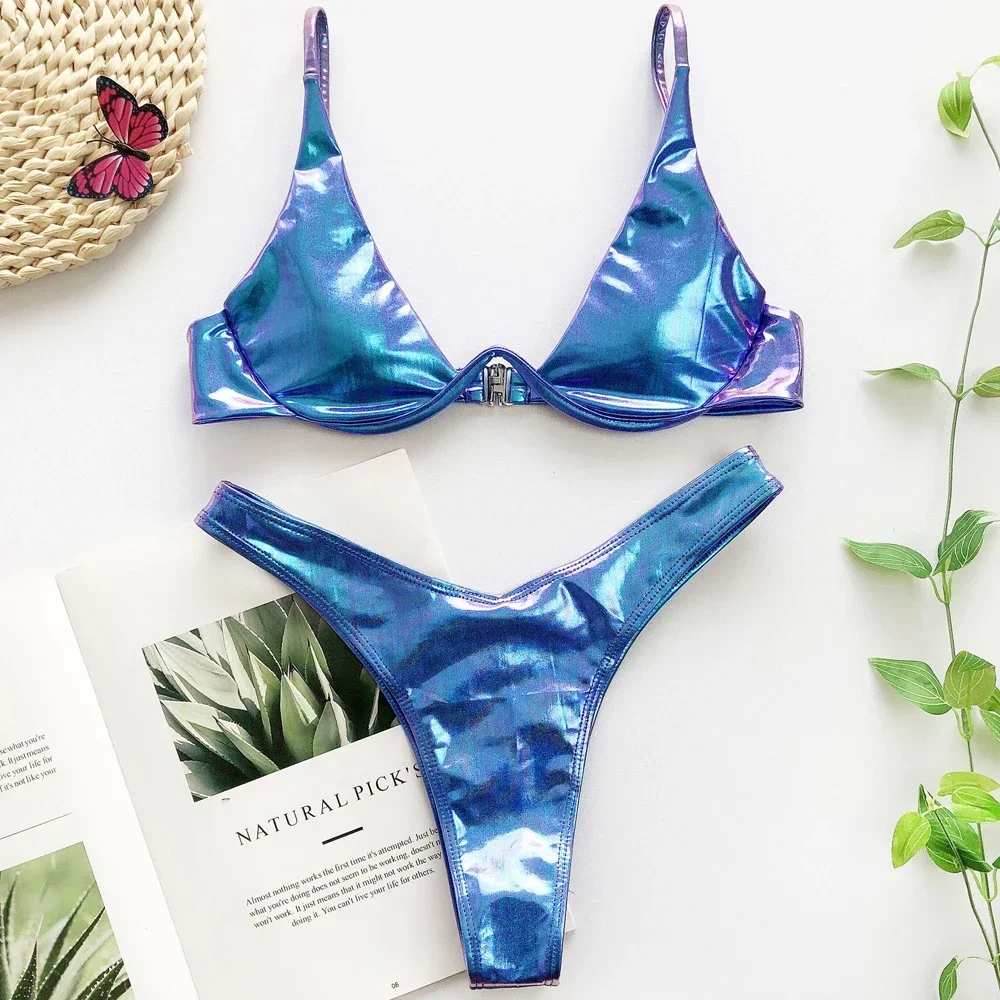 

Laser Shining Bikini Women 2024 2-piece Micro Swimsuit Underwire Push Up Suspender Backless Beach Bathing Suit Thong Swimwear
