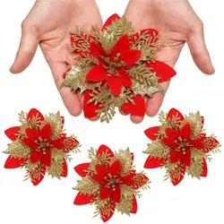 4pcs Christmas Glitter Artificial Poinsettia Flowers Christmas Tree Flowers Hanging Ornaments Party Decoration With Stems Clips